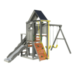 Jack & June Haven Wooden Swing Set with Slide, Rock Wall, Two Swings & Covered Playhouse
